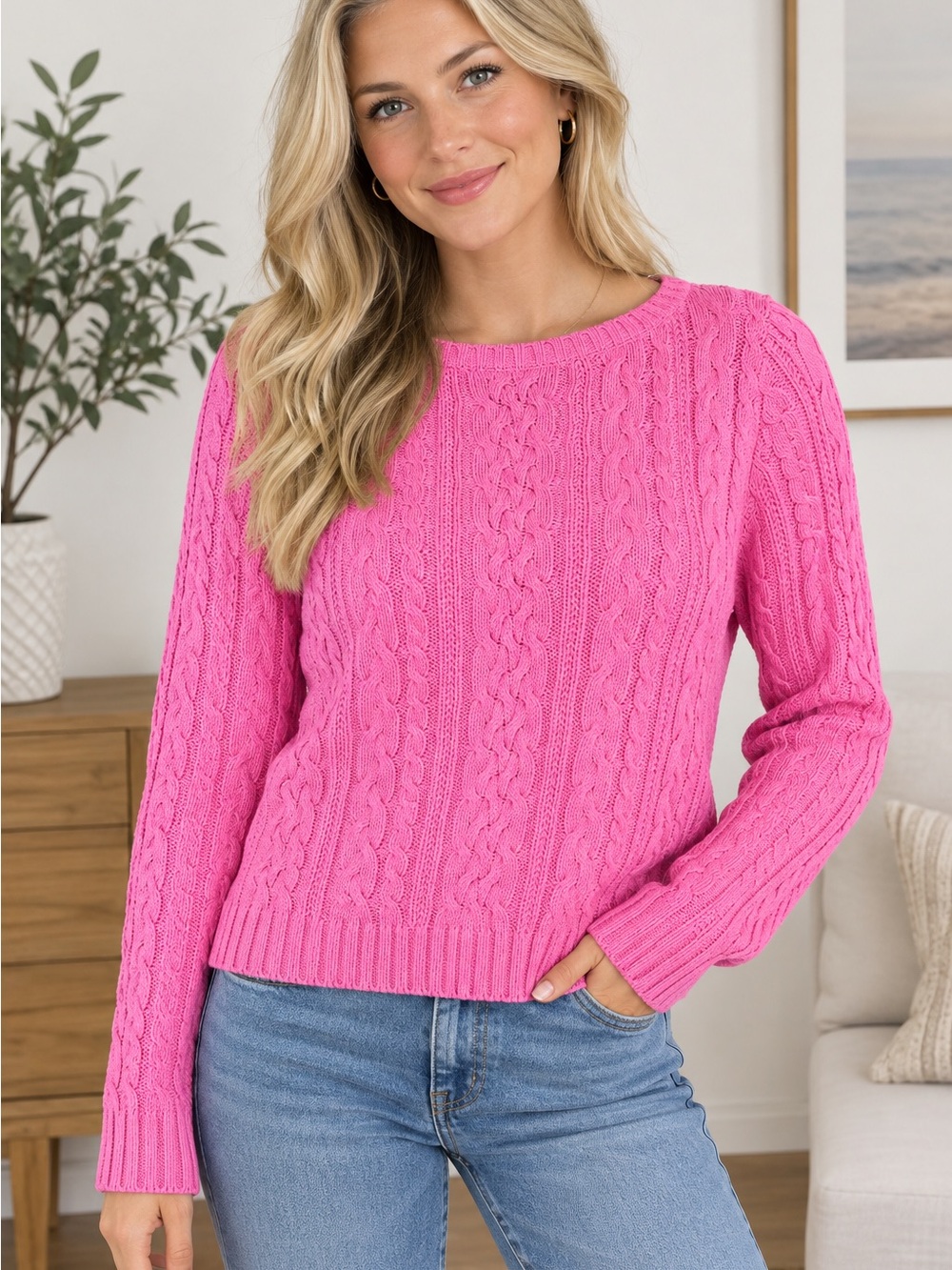 Ralph Lauren Bright Pink Cable-Knit Crewneck Sweater